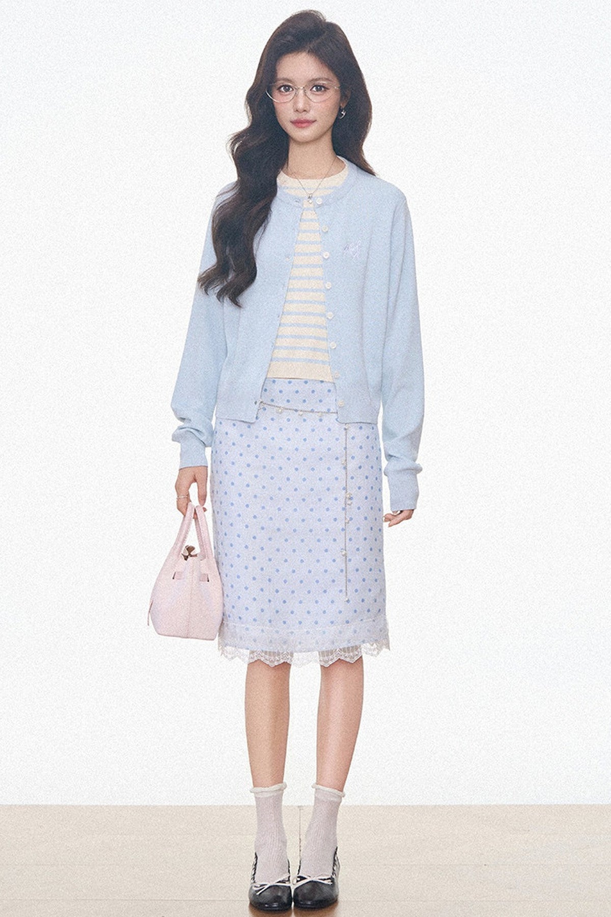 Light Blue Knitted Cardigan and Polka Dot Midi Skirt Set-Up