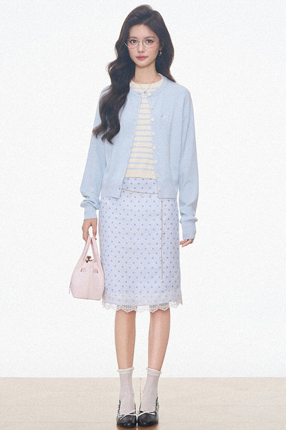 Light Blue Knitted Cardigan and Polka Dot Midi Skirt Set-Up