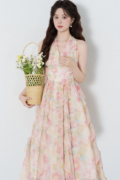 Abito a volant con scollo a V e allacciatura al collo in chiffon floreale