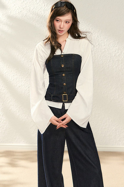 Color-Blocked Denim Two-Piece Set