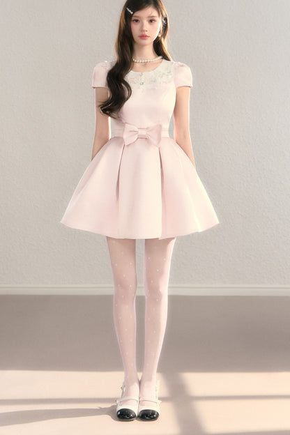 Satin Embroidery Bow A-Line Dress
