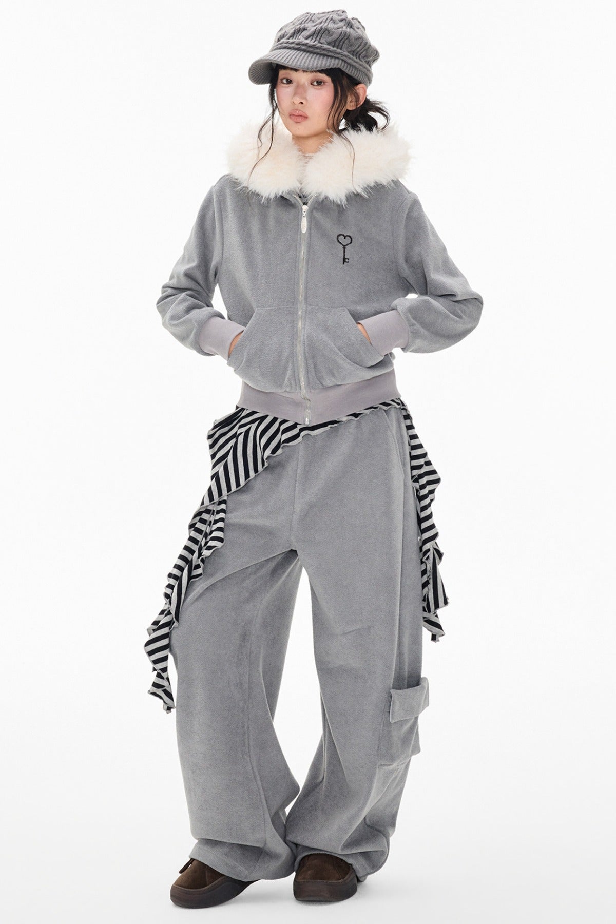 Detachable Fur Hood Jacket and Pants Set-Up