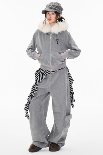 Detachable Fur Hood Jacket and Pants Set-Up