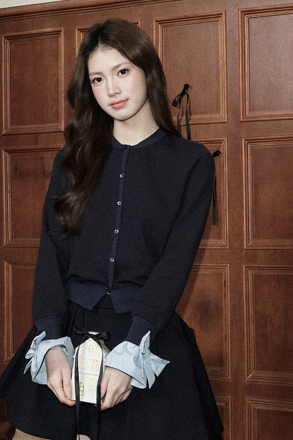 Layered-Look Bow Knit Cardigan
