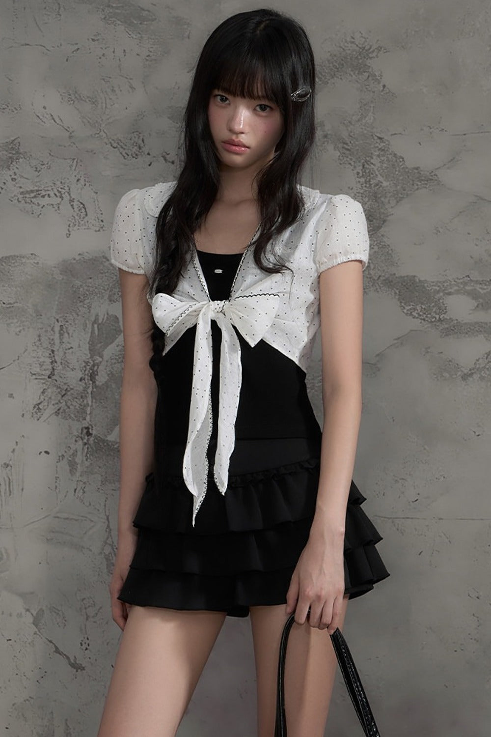 Polka Dot Bow Cardigan And Ruffle Skirt Set-Up