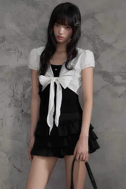Polka Dot Bow Cardigan And Ruffle Skirt Set-Up