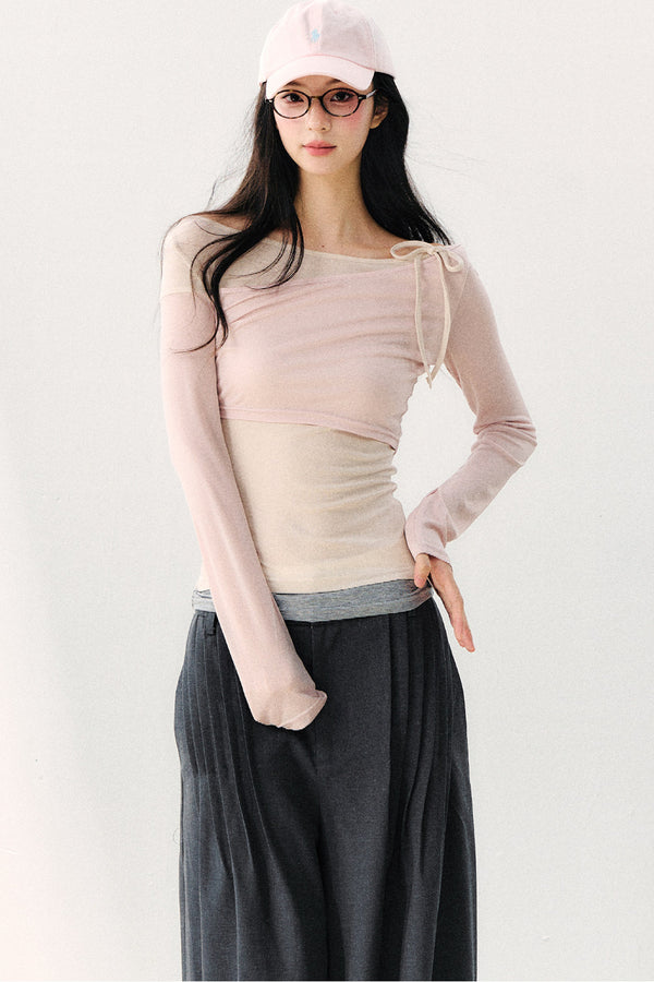 Asymmetric Off-Shoulder Tie-Up Color Block Long Sleeve Top
