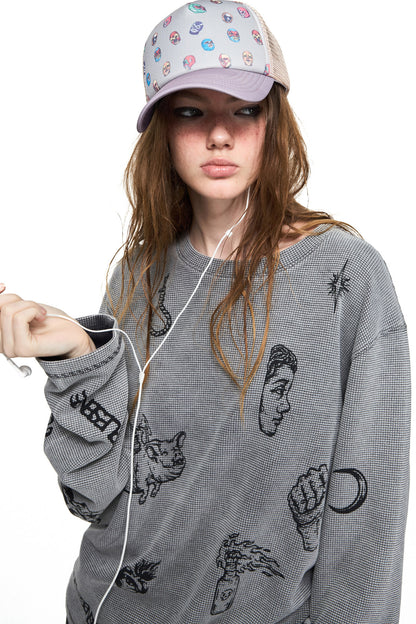 T-shirt a maniche lunghe in tessuto waffle con stampa teschio