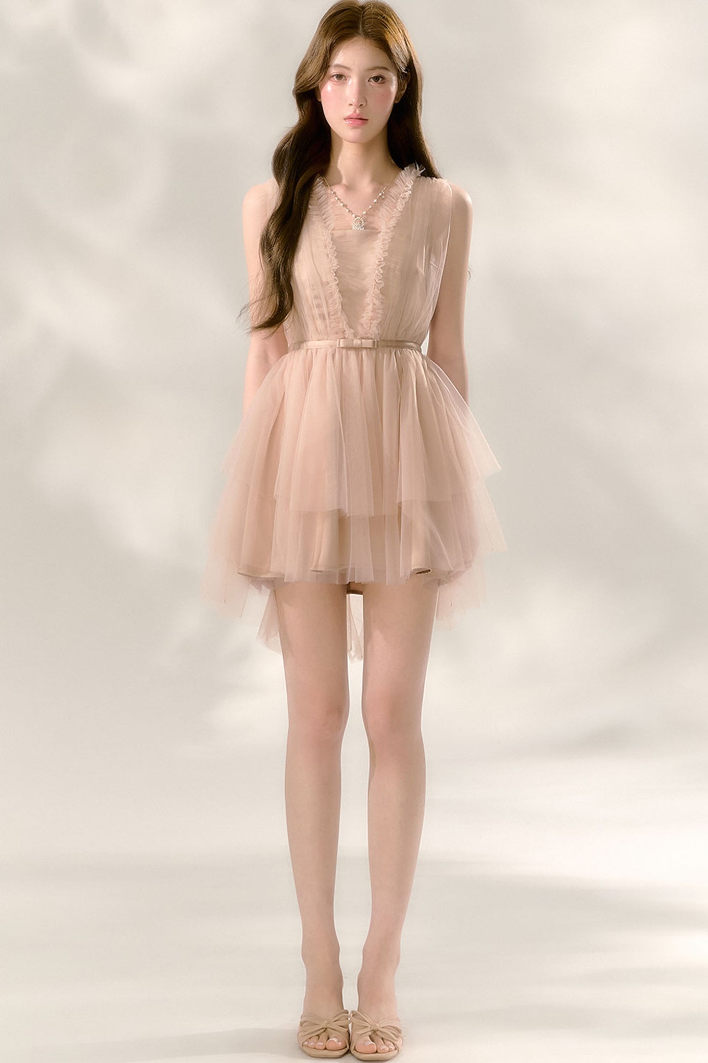 Nude Ballet Bow Lace Puffy Dress