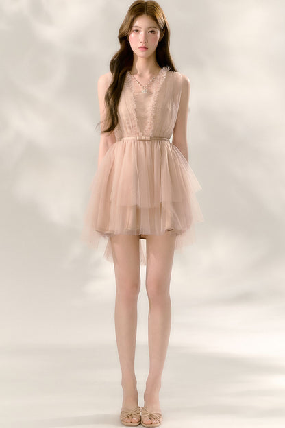 Nude Ballet Bow Lace Puffy Dress