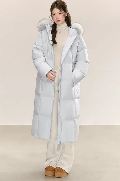 Blue Long Hooded Down Fur Collar Jacket
