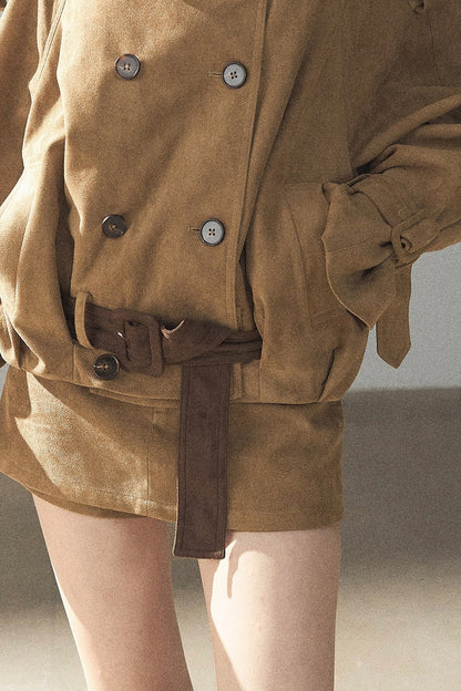 Chestnut Brown Faux Suede Windbreaker and Shorts Set-Up