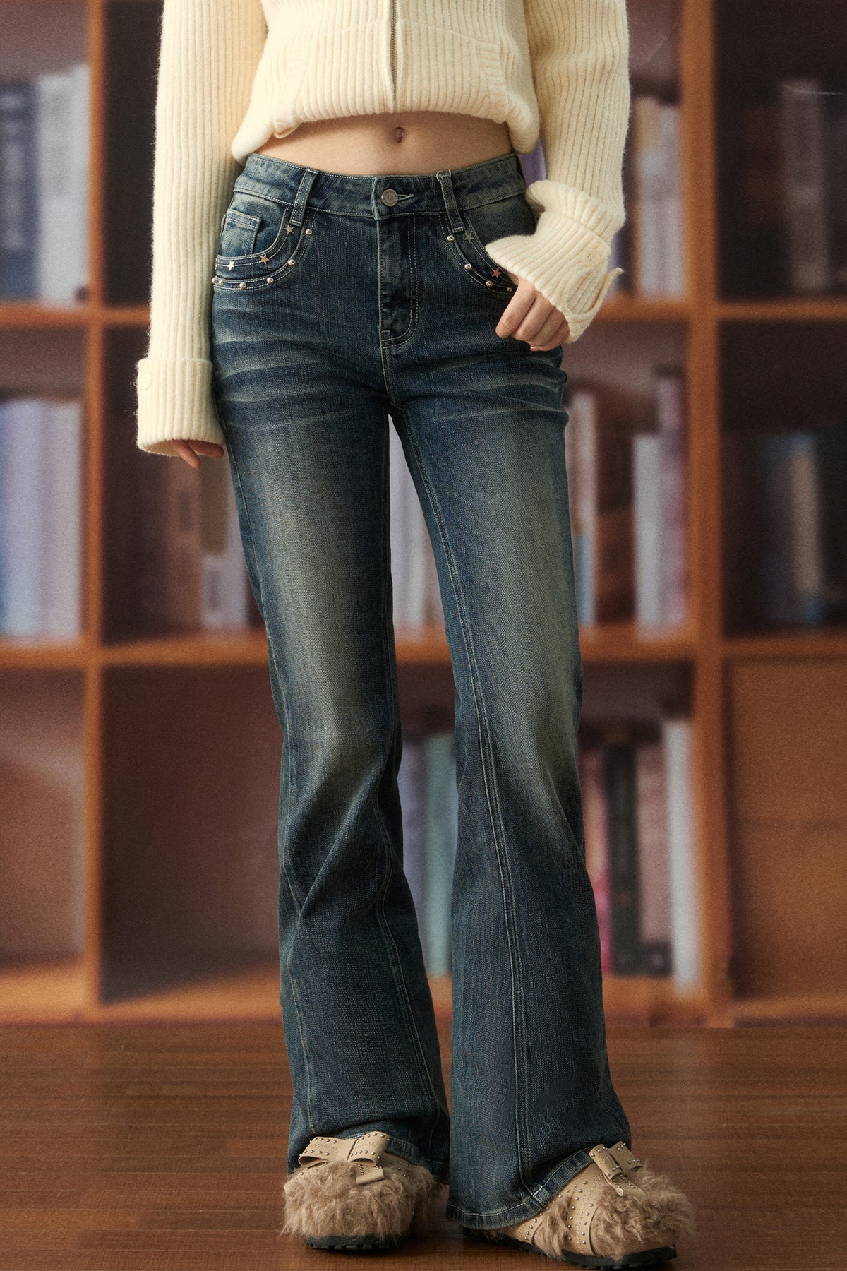 Low-Waist Star-Stud Flared Jeans