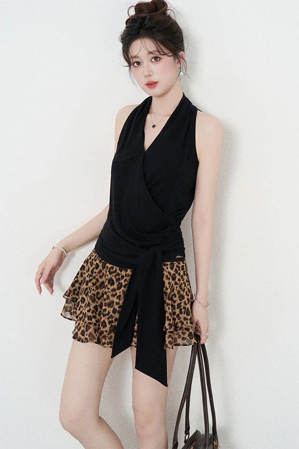 Multi-Color Halter Top and Leopard Print Skirt Set-Up