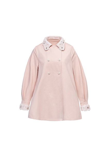Lace Cuff Pleated Flared Trench Coat