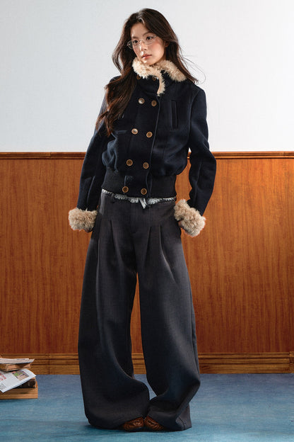 Double-Breasted Fur Trim Jacket