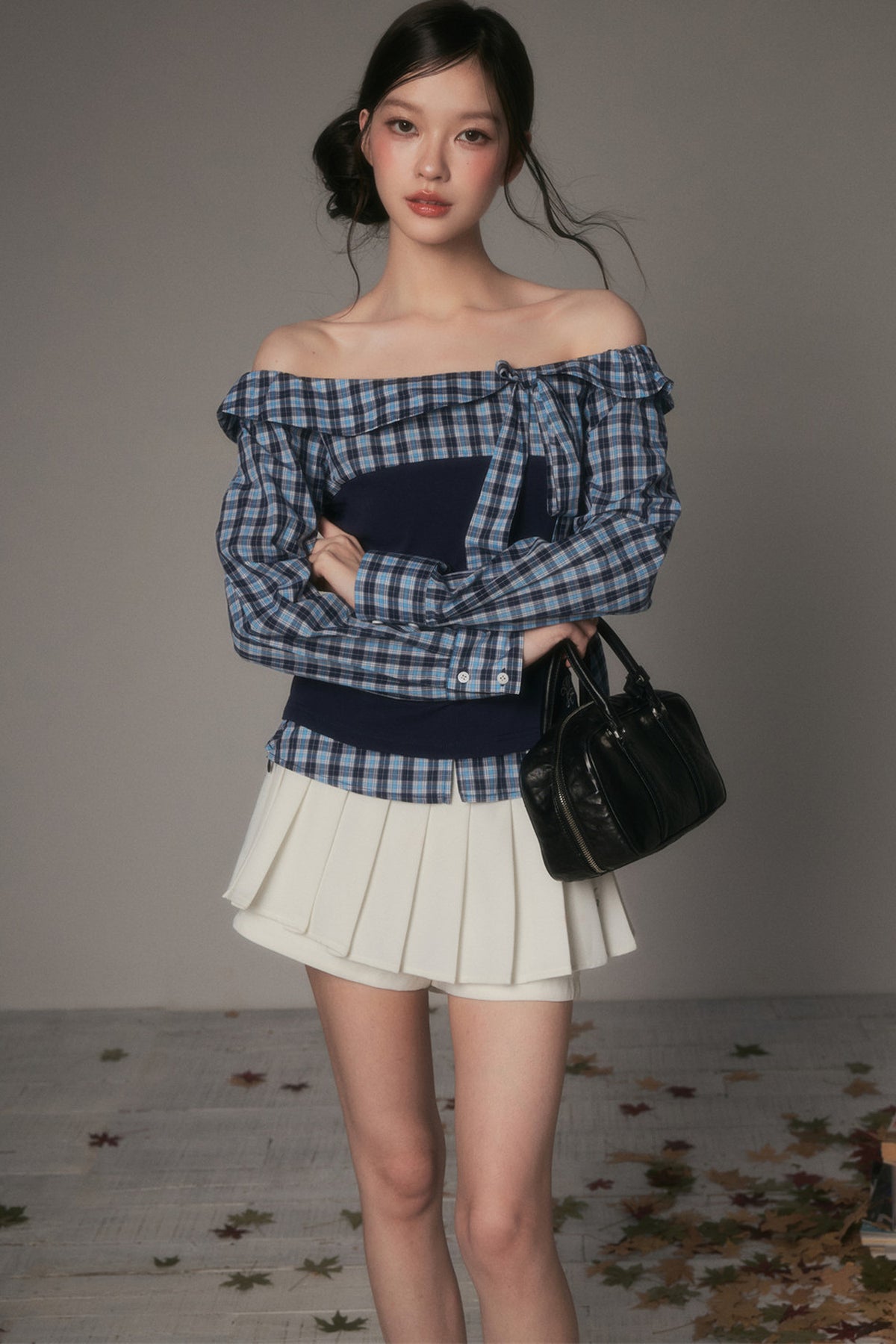 One-Shoulder Bow Spliced Long-Sleeve T-Shirt