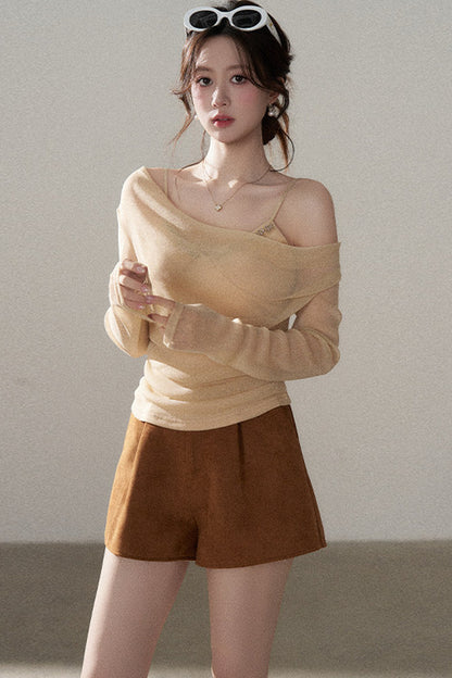 Off-Shoulder Rhinestone Knit Top and Skirt Set-Up
