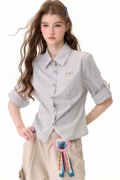 Camicia a maniche corte a quadri grigio chiaro