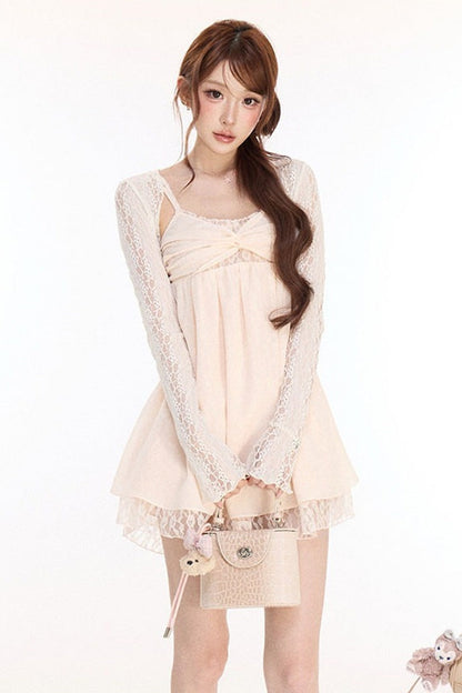 Spaghetti Strap Cross Knot Spliced Lace Dress and Cardigan Set-Up