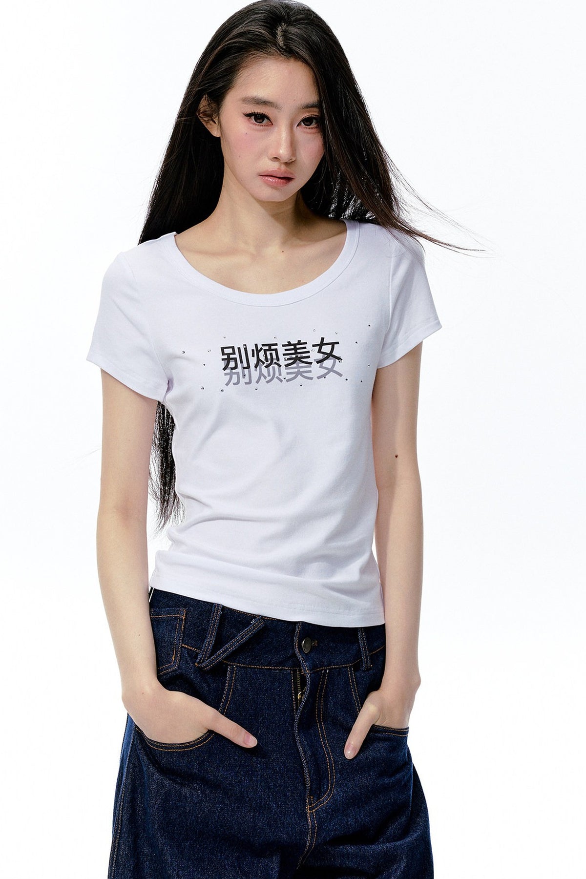 Rhinestone Text Print White T-Shirt