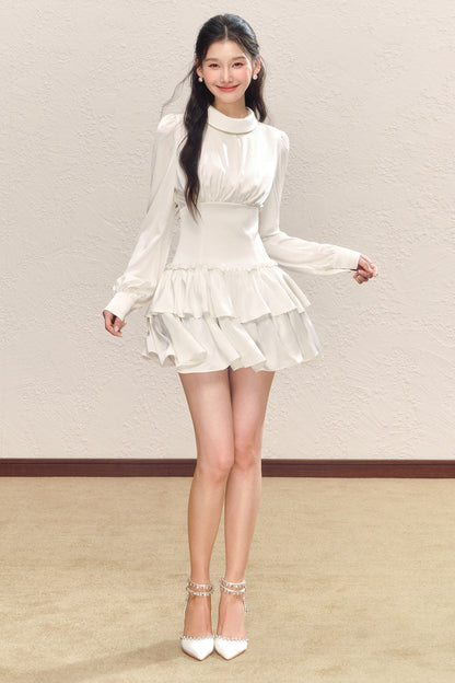 Satin Ruched Ruffle Dress