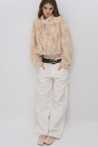 Stand Collar Faux Fur Jacket