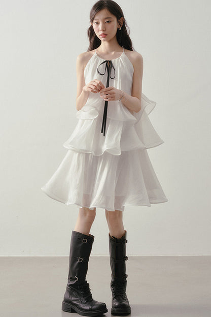 White Layered Halter Dress