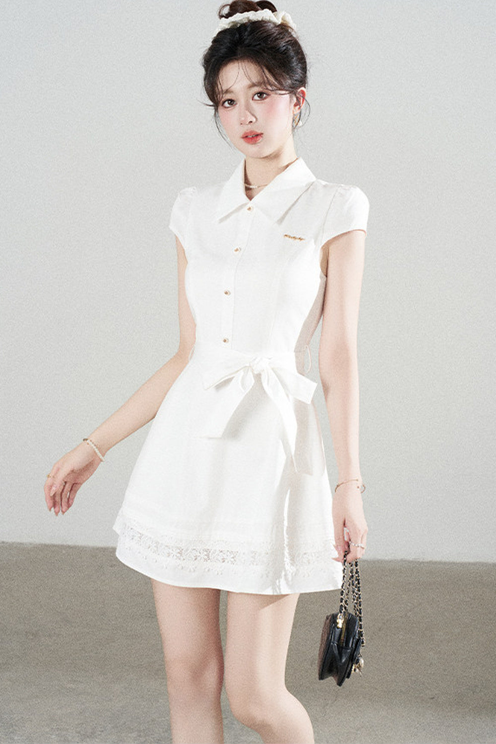 White Lace-Up Waist Puff Dress