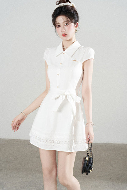 White Lace-Up Waist Puff Dress