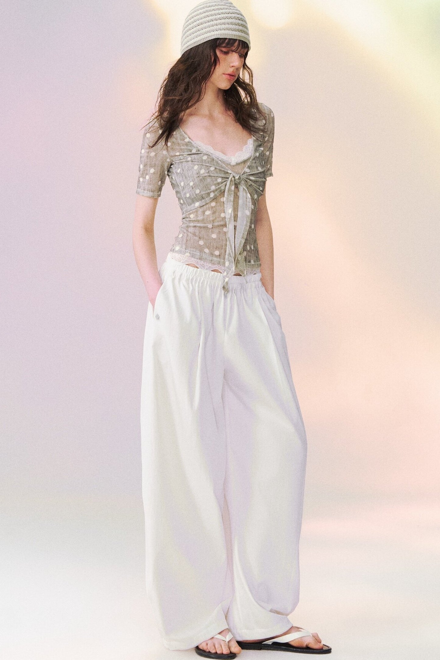 Lace Trim Tie-Front Knit Cardigan Set-Up