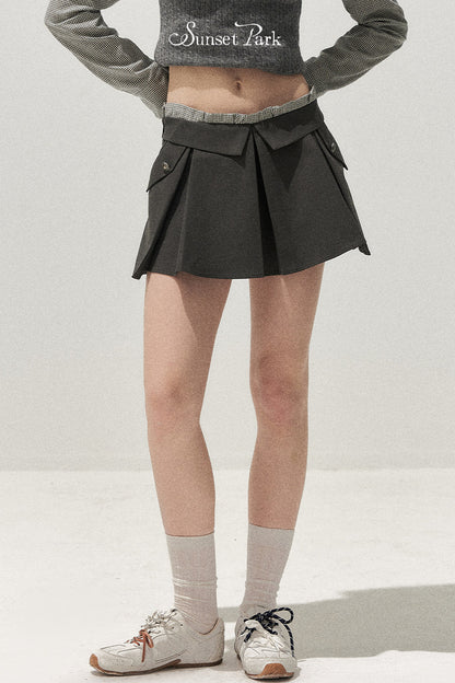 Double Waistband Gray Pleated Skirt