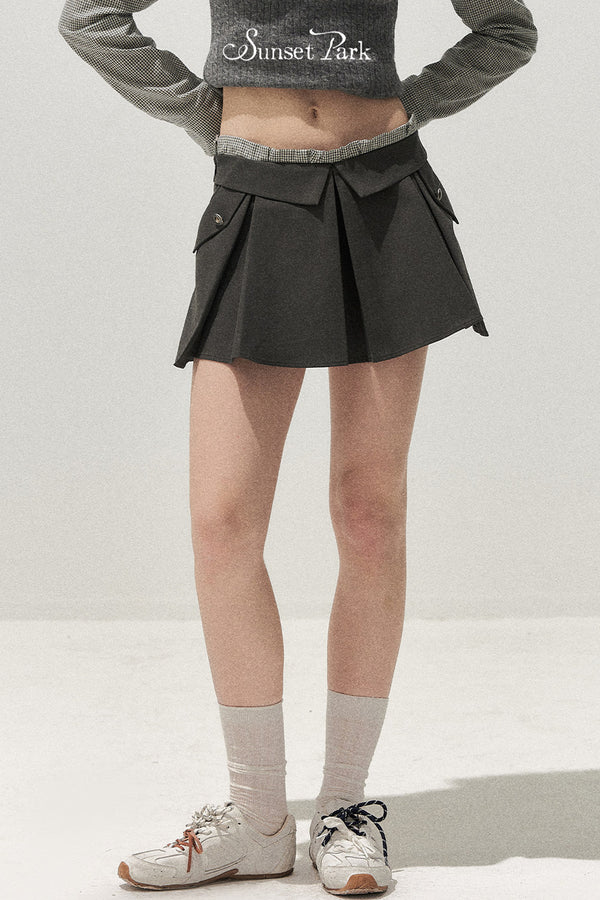 Double Waistband Gray Pleated Skirt