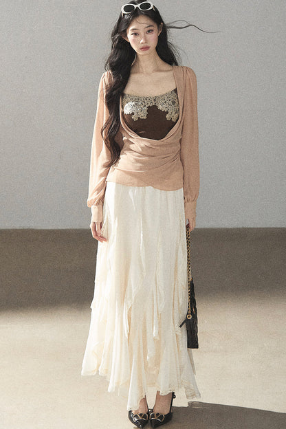 Semi-Sheer Ruffled Chiffon Blouse and Cami Set