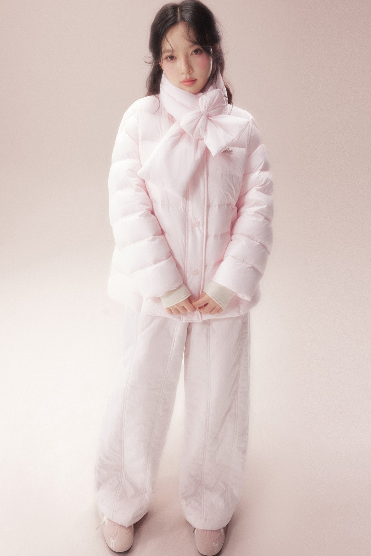 Bow-Knot Scarf Mid-Length Down Jacket