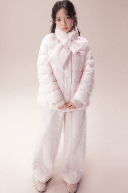 Bow-Knot Scarf Mid-Length Down Jacket