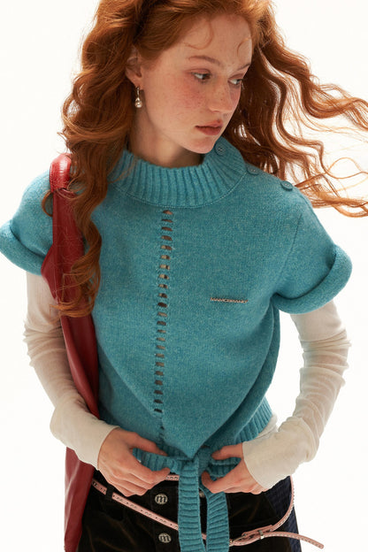 Stand-Up Collar Rolled-Sleeve Tie-Up Knit Sweater