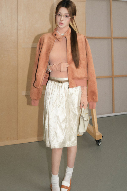Pink Suede Stand Collar Jacket and Skirt Set-Up