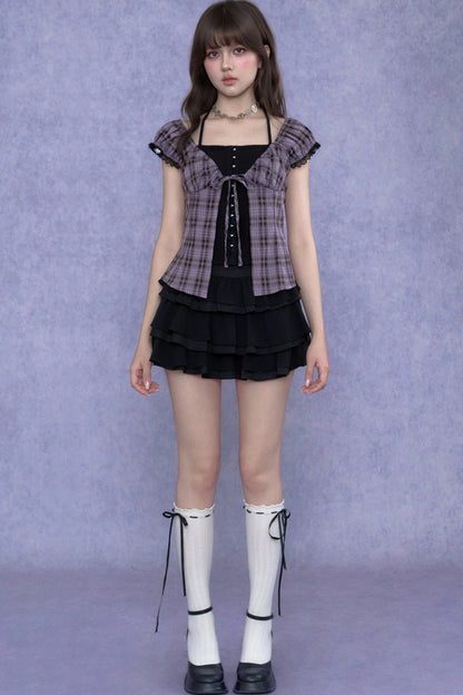 Plaid Halter Neck Top Set-Up
