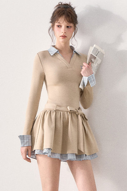 Bow Belt Knit Layered-Look Dress