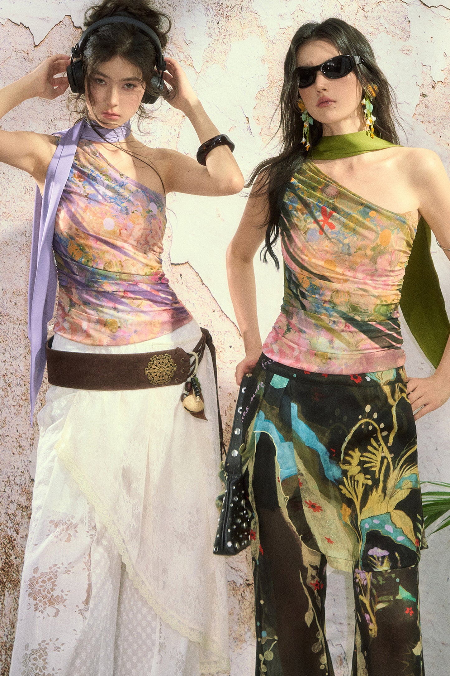 One Shoulder Oil Painting Mesh Top