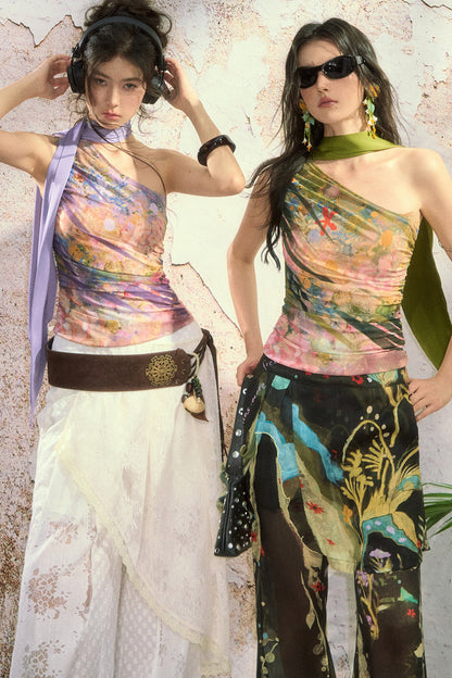 One Shoulder Oil Painting Mesh Top
