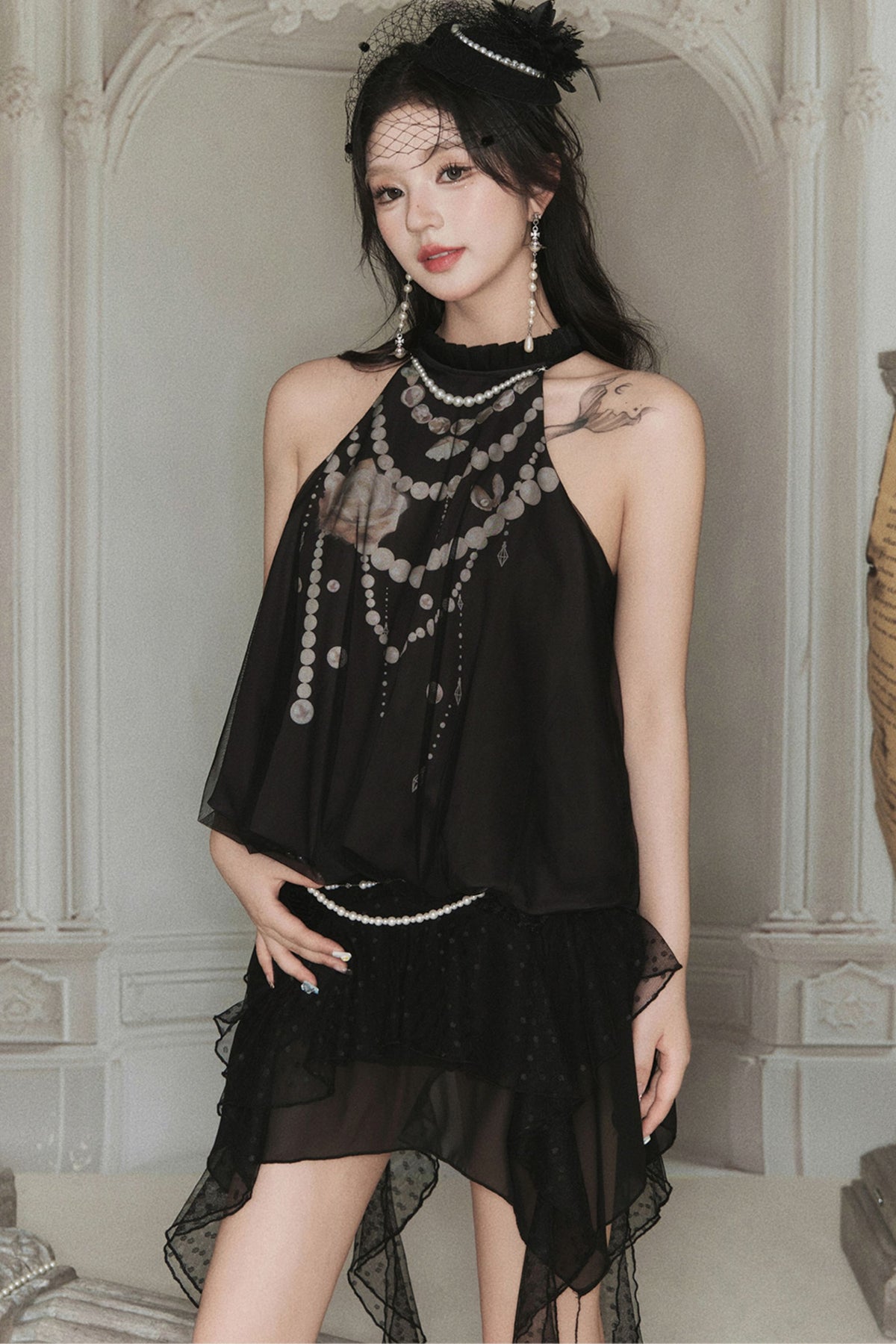 Off-Shoulder Double-Layer Mesh Rose Pearl Halter Top