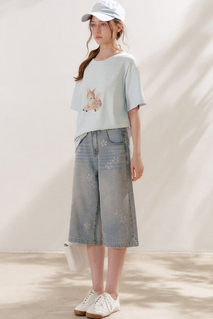 Floral Rhinestone Wide-Leg Denim Pants
