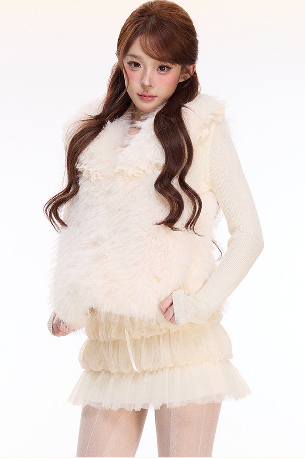Woolen Mesh Ruffle Skirt and Furry Vest Set-Up