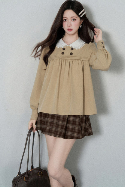 Khaki Doll Collar Pullover Shirt and Skirt Set-Up