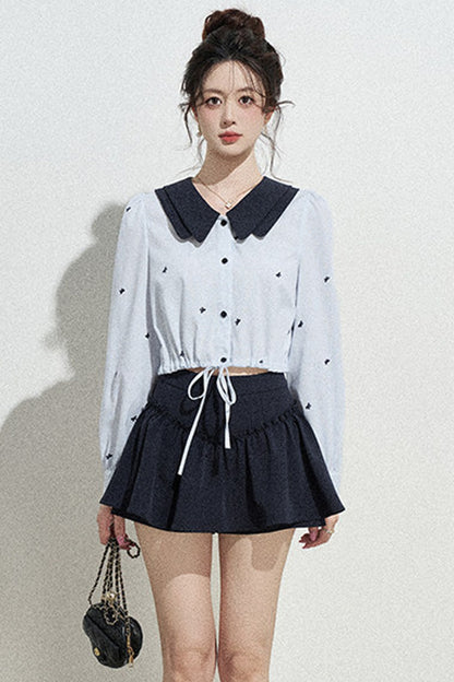Doll Collar Drawstring Long-Sleeve Shirt and Skirt Set-Up