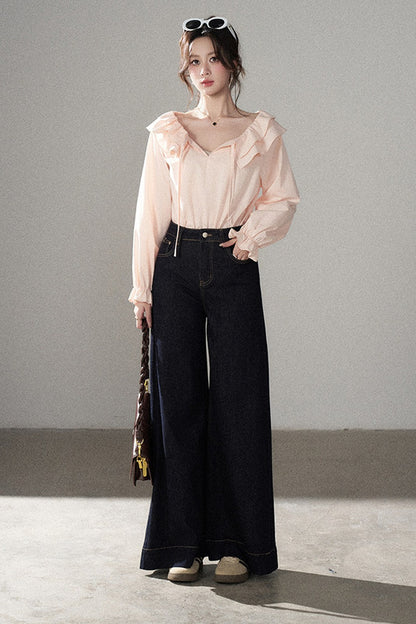 Pink Ruffle Collar Long-Sleeved Top and Skirt Set-Up