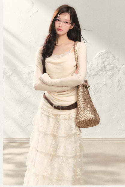 Swing Collar Long Sleeve Top and Skirt Set-Up