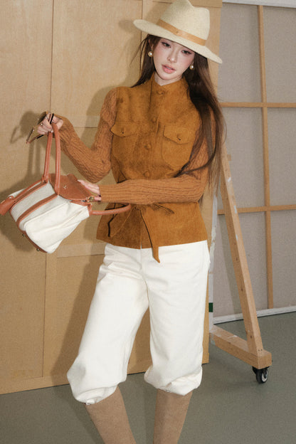 Brown Faux Suede Jacket and Pants Set-Up